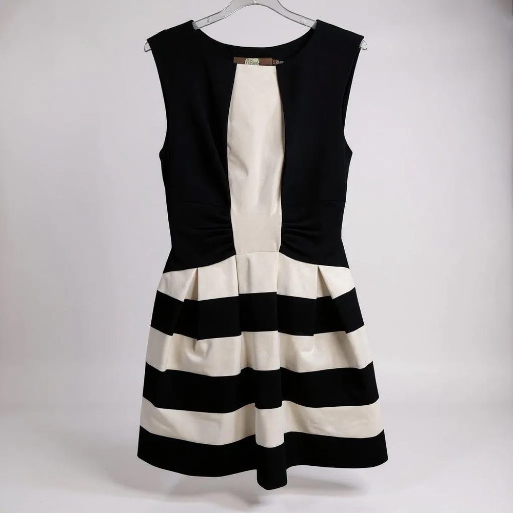 Anthropologie Eva Franco Hollie Cocktail Dress Black White Stripe Size 8